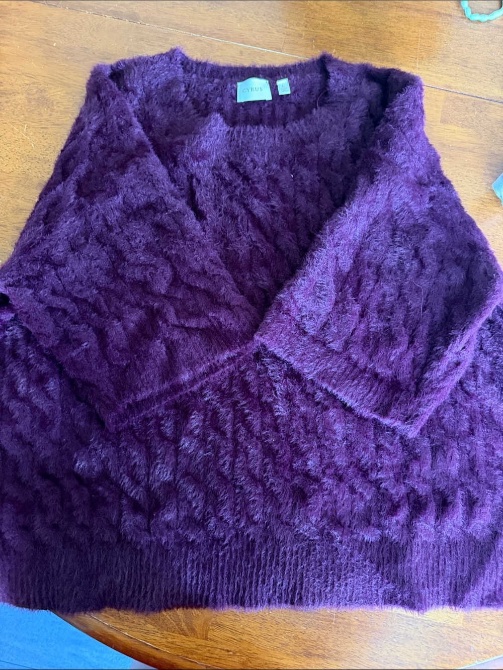 Cyrus Plush Cable V-Neck Sweater in Deep Purple